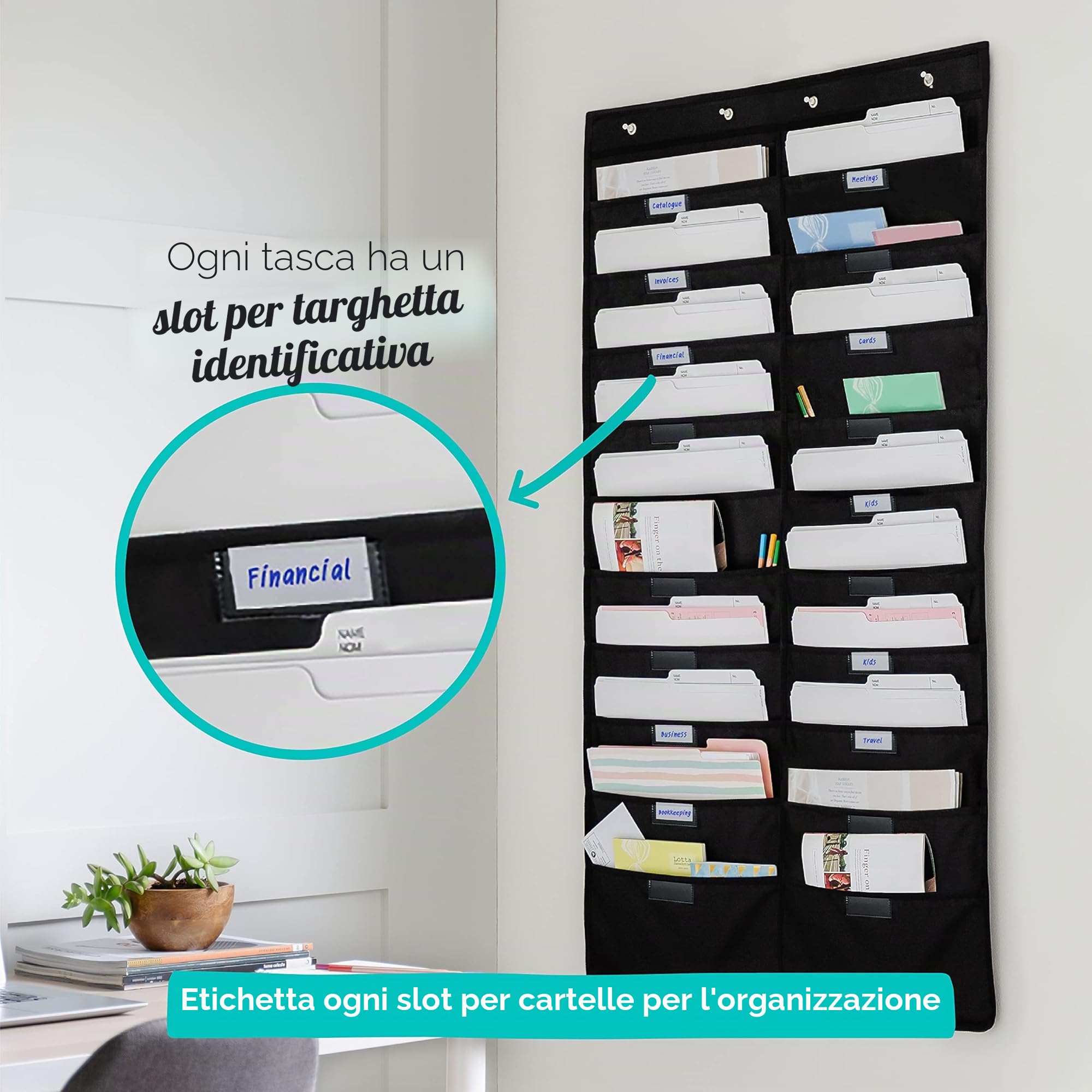 WallDeca Portariviste da Parete con 20 Tasche Formato A4 ed Etichetta Identificativa – Portadocumenti per Uffici, Casa, Scuola con 3 Ganci Inclusi – Schedario Parete Nero (115 x 71 cm)