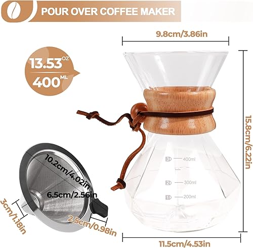 Miniatura 2 de Cafetera vertida de 13.5 fl oz con filtro de acero inoxidable 304 y soporte de collar de madera, cafetera de goteo de vidrio borosilicato, juego de