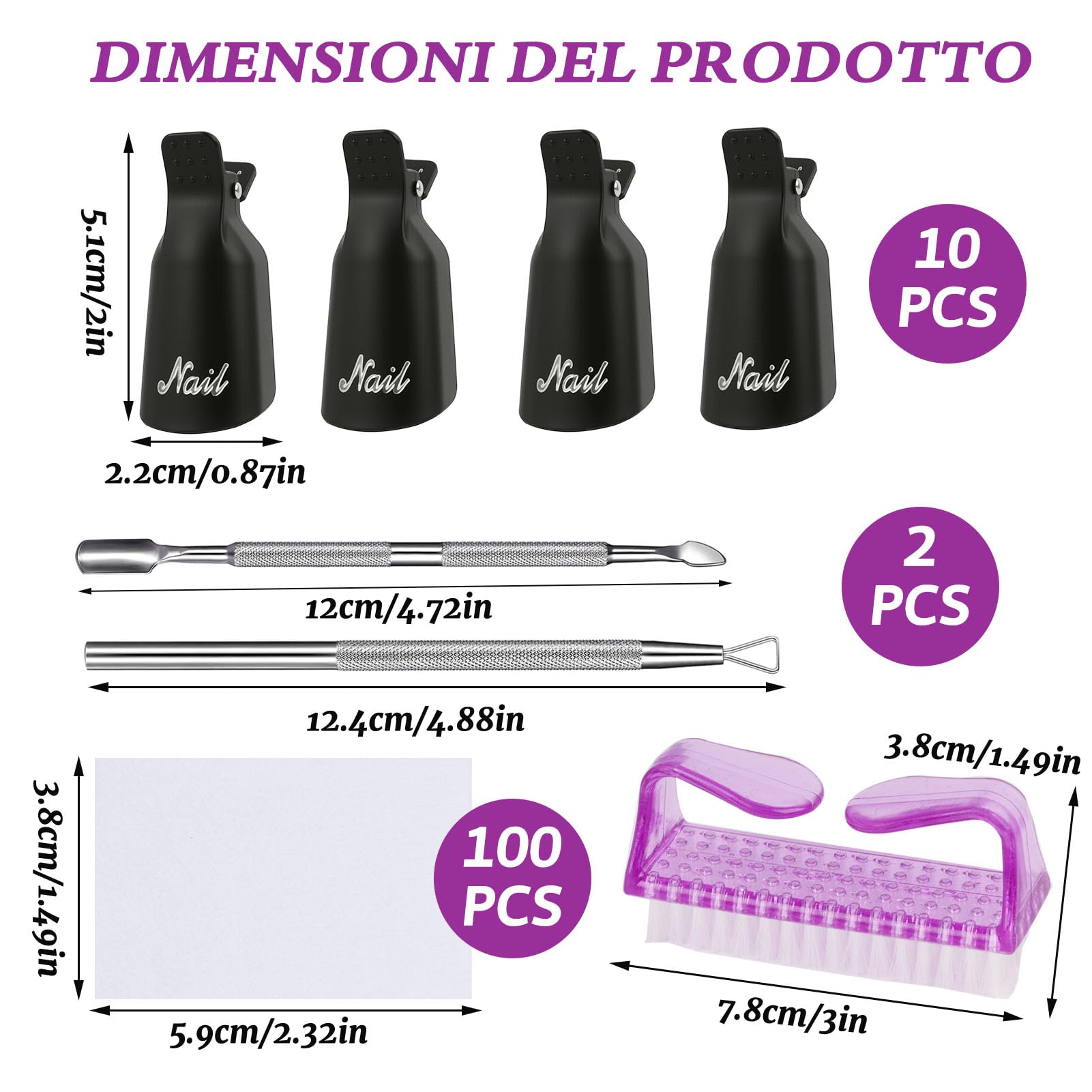 Set di Rimuovi Smalto per Unghie - 10 pinzette + raschietto + spingi cuticole + 100 dischetti di cotone + spazzola per unghie, per limatura semipermanente delle unghie, per salone e casa
