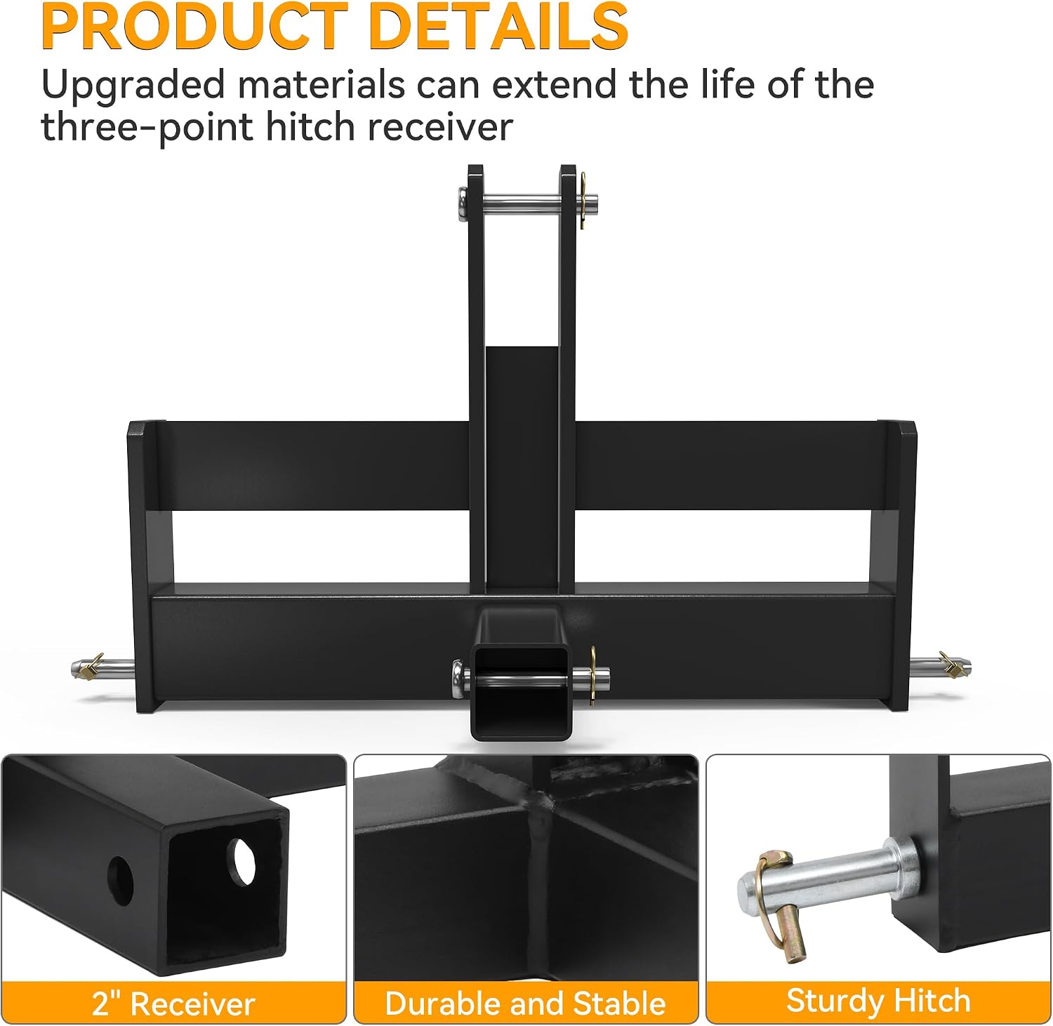 YINTATECH 3 Point Hitch Receiver for Category 1 with 2" Receiver and Suitcase Weight Brackets, Black