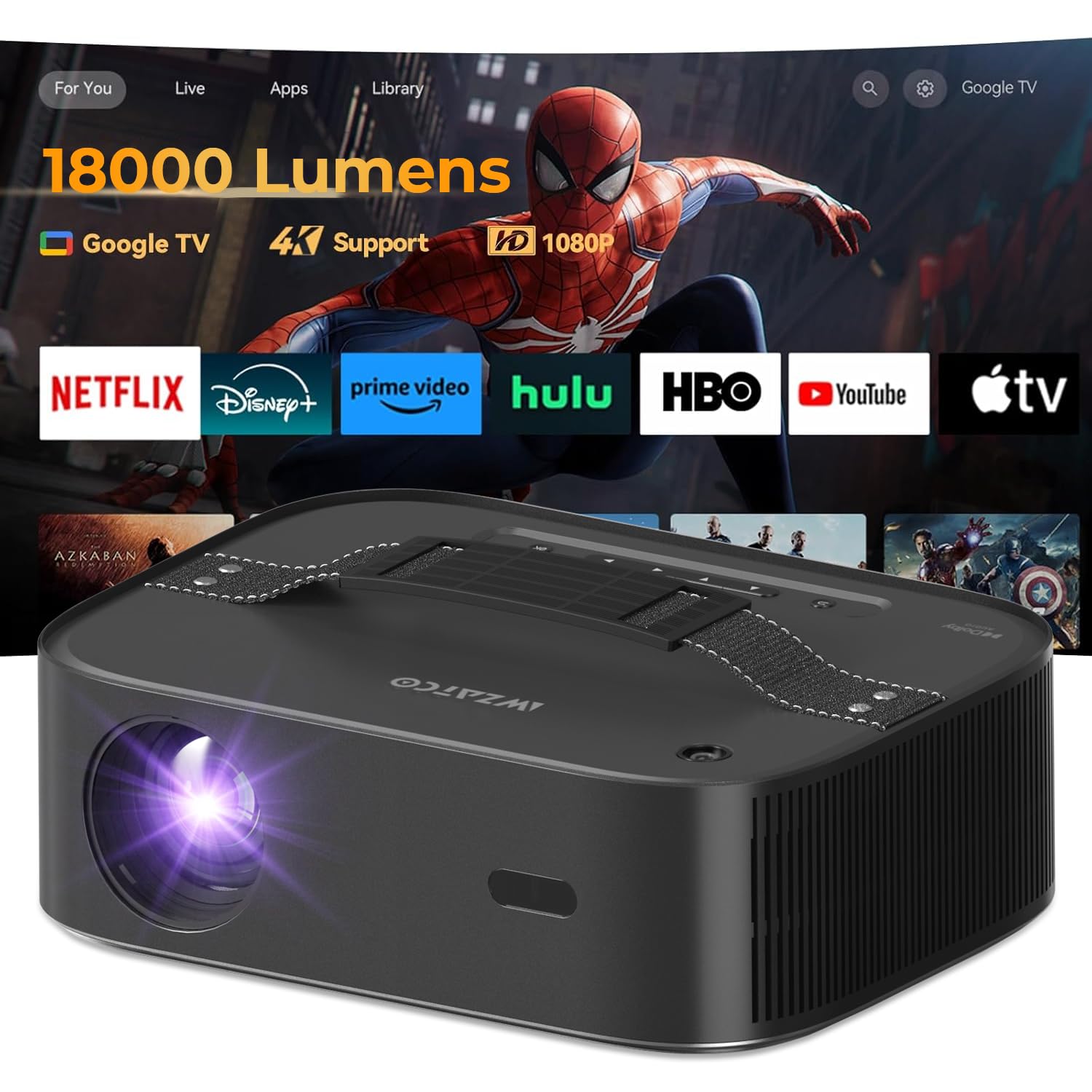 Wzatco Alpha 2 Max (Dark Edition) Ultra Bright 18000 Lumens, Native 1080P Fully Automatic 4K HDR, (Intelligent OA + Screen Fit), Dolby, HDMI ARC, Android 9, BT 5.1, WiFi 6, Black