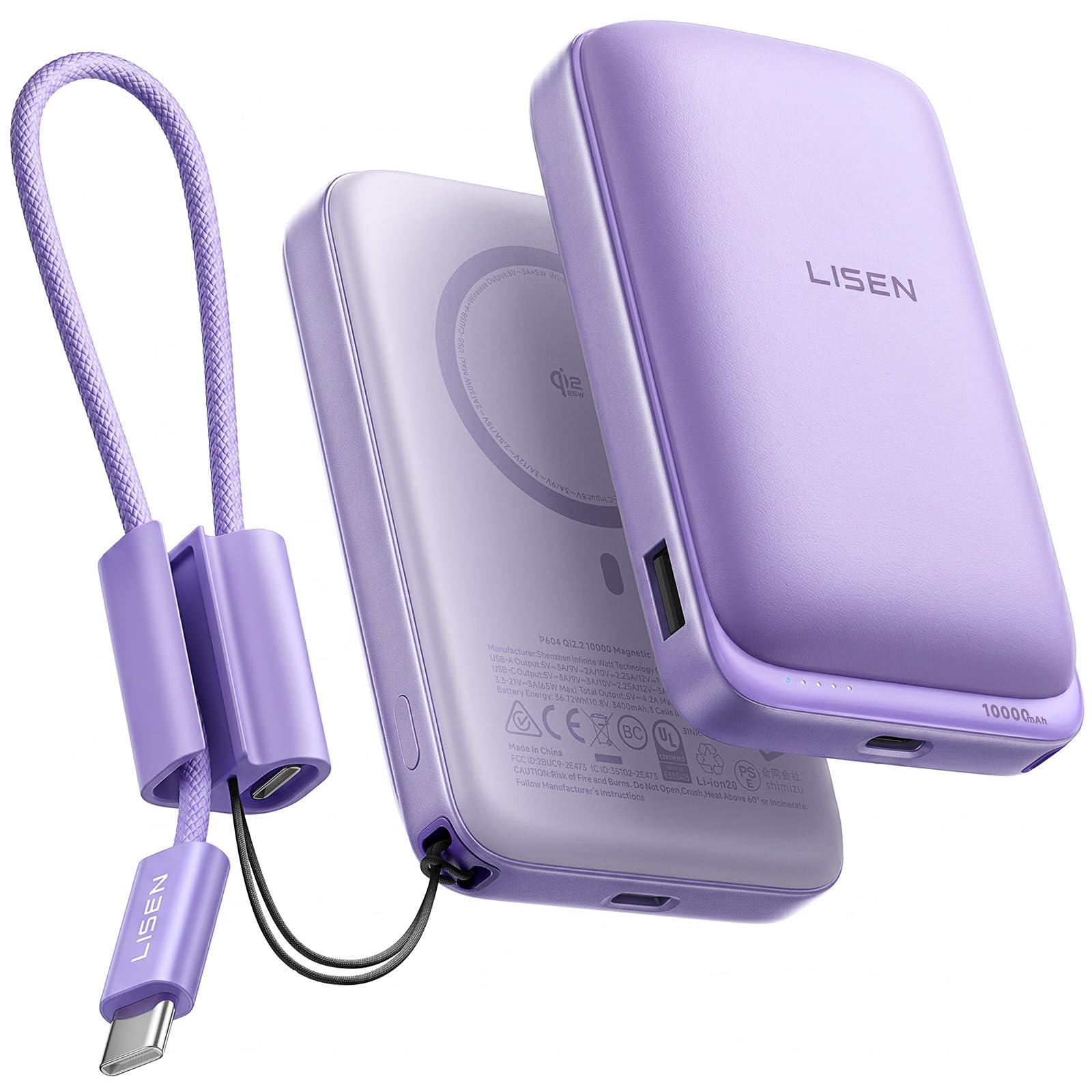 LISEN (B King) LISEN Qi2.2 25W for Magsafe Power Bank, 65W USB C Fast Charging, 10000mAh Magnetic Wireless Portable Charger with Detachable Cable, Small Battery Pack Compatible with iPhone 15/16/17 (Purple)