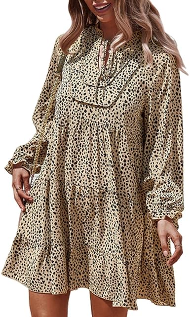 Sleeve Tiered V Tie Neck Babydoll Dress 