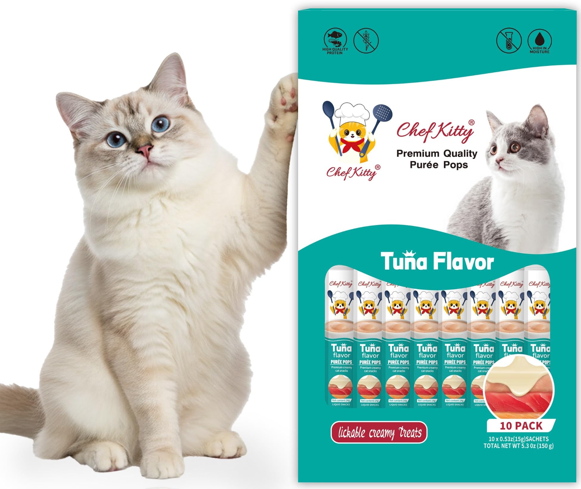 Lickable Cat Treats, Tuna Puree Squeeze Up Topper, 10 Tubes