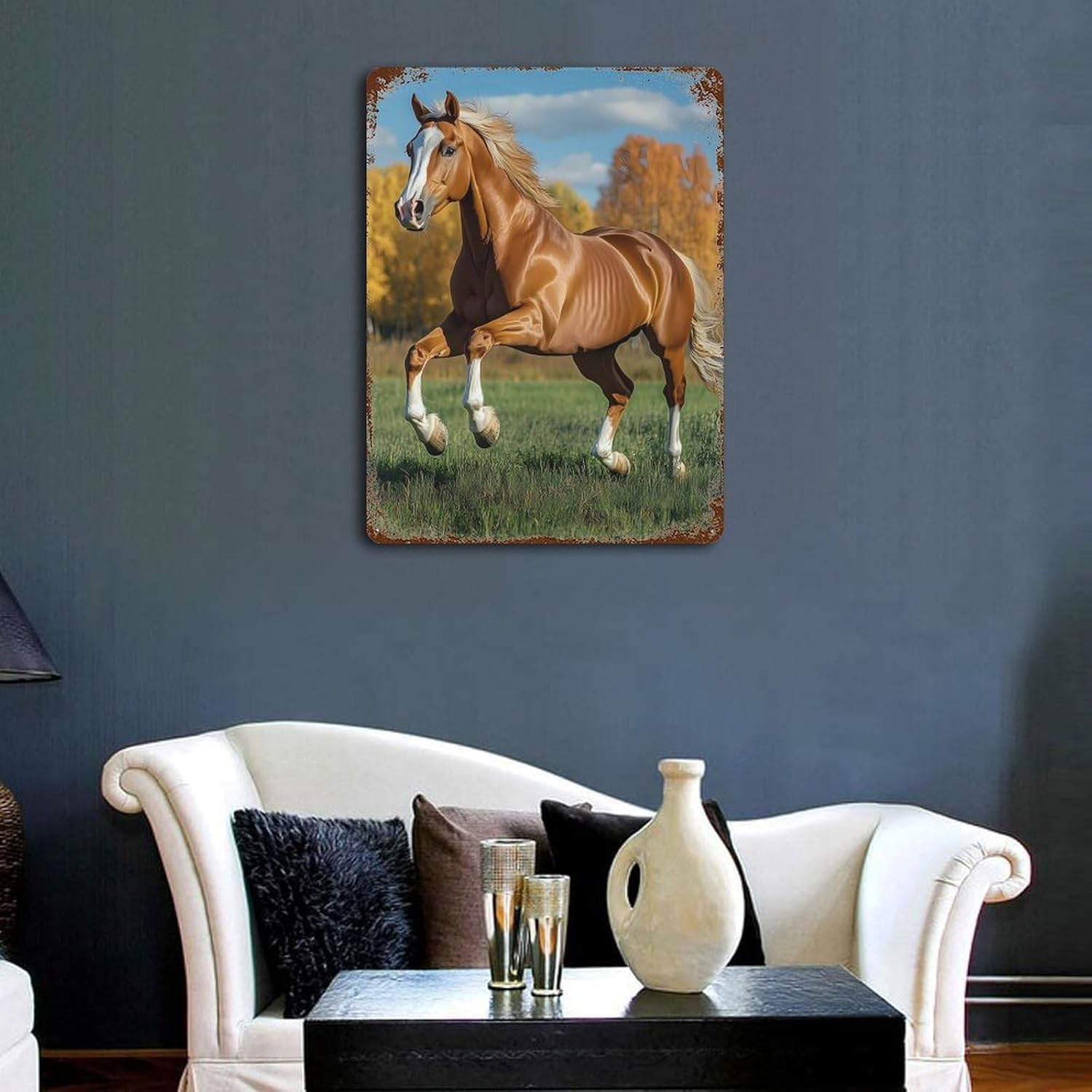 Running Brown Horse Metal Signs Vintage Iron Tin Hanging Plate Wall Art with Rusted for Home Kitchen Garden Decor