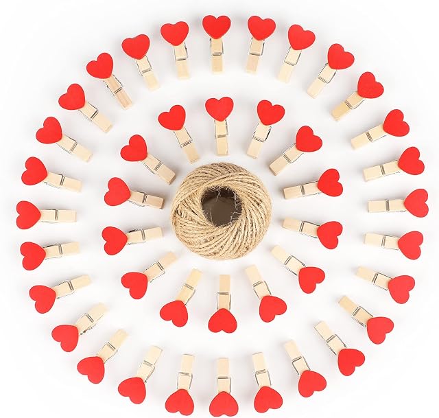 jijAcraft 100Pcs Mini Wooden Heart Clothespins, Red Small Clothespins with Heart, 3.5cm Heart Photo Clips, Tiny Clothes Pins with String for Photos Display,DIY Craft,Wedding&Baby Shower Decor