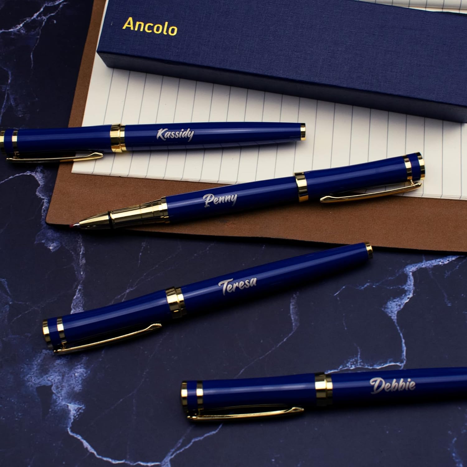 Ancolo Blue Ballpoint Pens - Modern, Classy, and Functional - Engraved with Your Message - Perfect for Groomsman, Wedding Party, Graduation, Christmas, Mother's Day