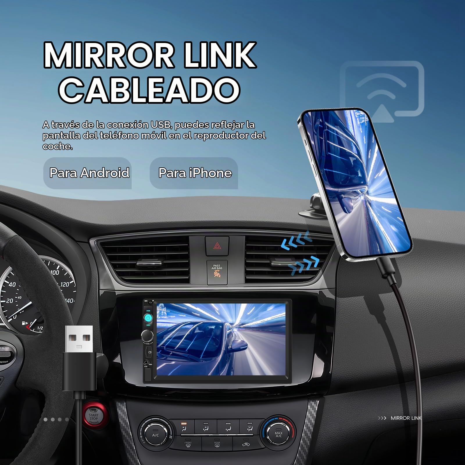 Radio Coche 2 DIN con Pantalla Táctil IPS de 7 Pulgadas Manos Libres, USB, AUX, TF, FM, Pantalla compartida Mirror Link, Reproductor MP5 y cámara de visión Trasera.