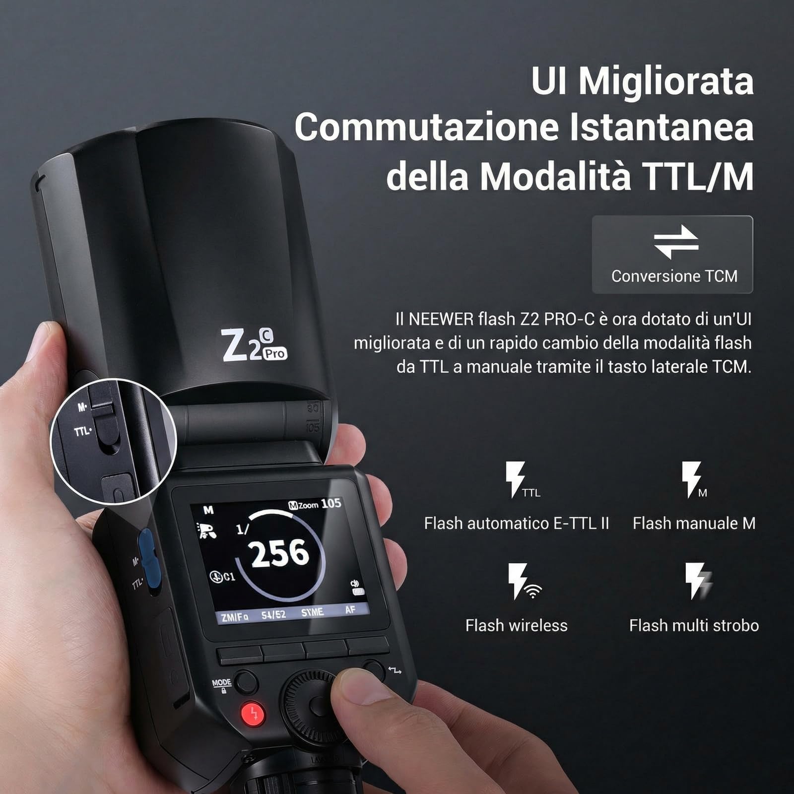 NEEWER Z2PRO-C Flash Speedlite 2.4G TTL 76Ws 1/8000s HSS Testa Rotonda Compatibile Canon