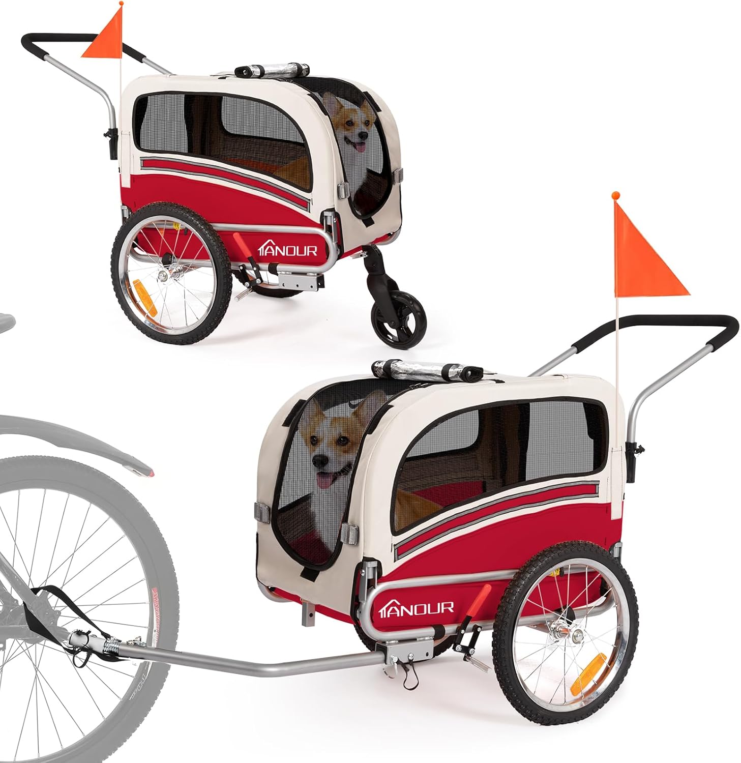 ANOUR 2 in 1 Pet Bicycle Trailer and Jogger Travel Carrier Suitable for Small and Medium Dogs, Easy Folding Cart Frame, Quick Release Wheel, Universal Bicycle Coupler, Carrier Up to 66 LBS