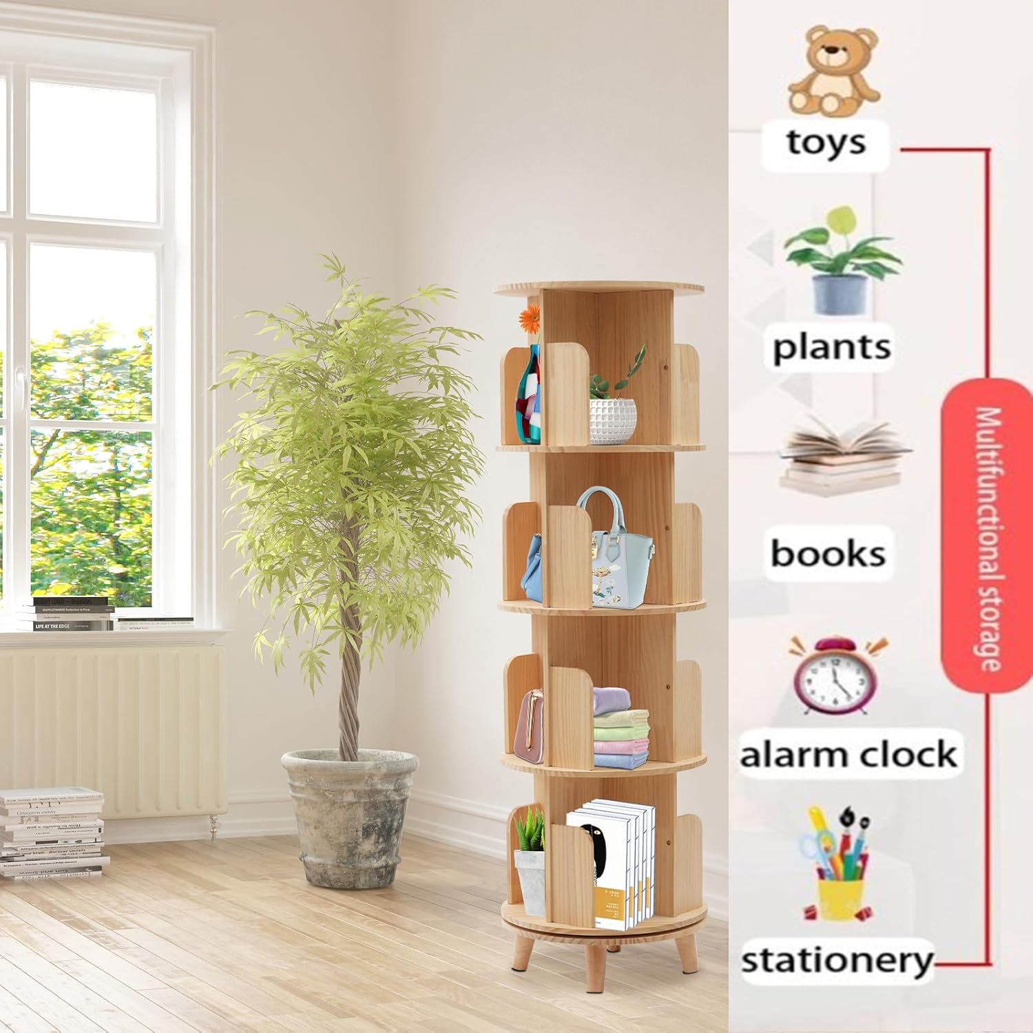 Gdrasuya10 4 Tier Wooden Rotating Bookshelf 360 Display Floor FreeStanding Bookcase Book Storage Rotating Rack Multi-Functional Bookshelf Organizer for Adults Study Room Living Room