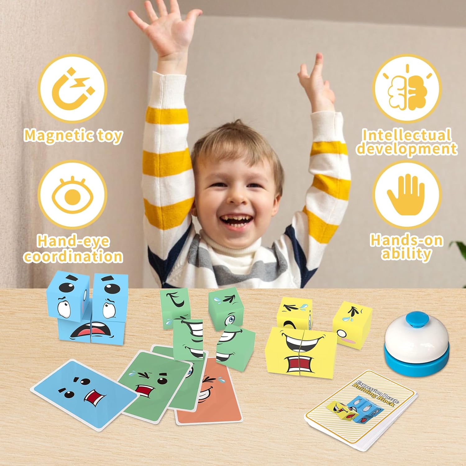 Face Changing Magnetic Cube Game, Expression Puzzle Magnetic Building Blocks Pattern Matching Game, Educational Puzzles Toy, Magnet Cubes,Board Games for Kids and Adults with Bell,16 PCS Magnet Blocks