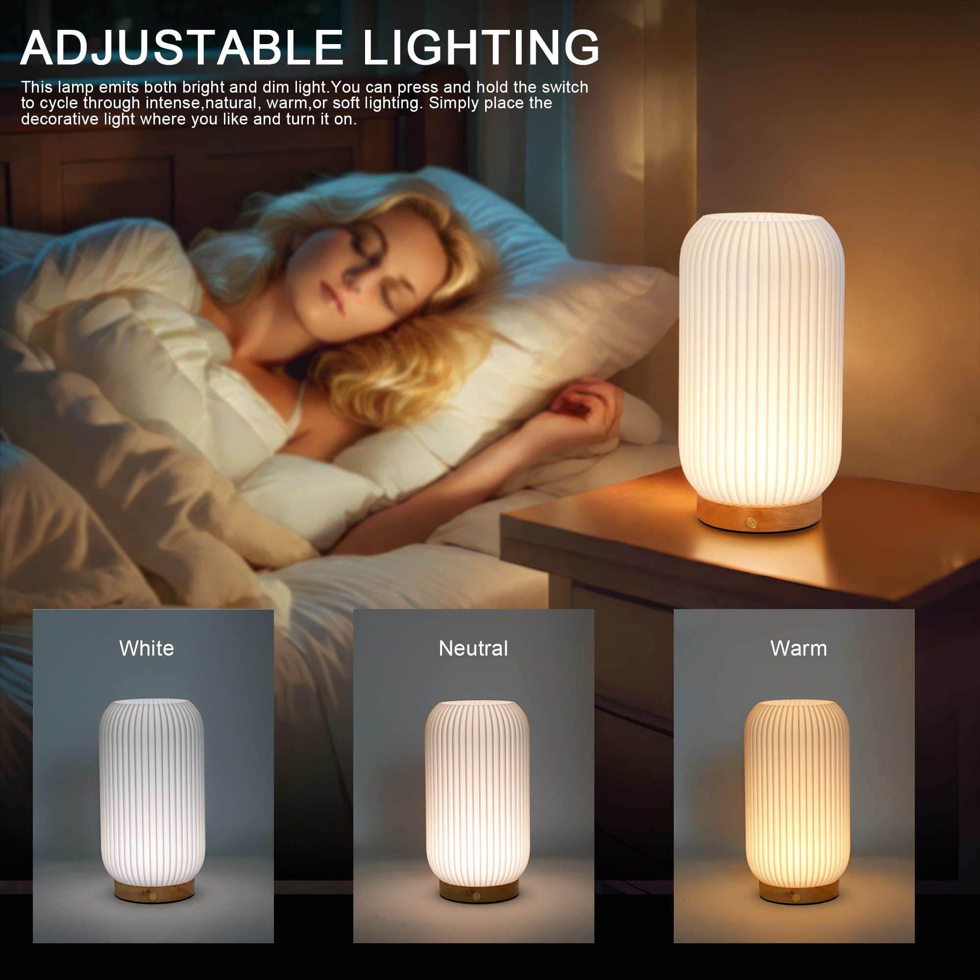 JHY DESIGN 23,5 cm wysokości 3-kolorowe źródło światła ściemniane dotykowe lampki nocne zestaw 2 ładowalnych lamp sterujących przyciskami, lampy nocne z nadrukiem 3D, z drewnianym dnem, do sypialni