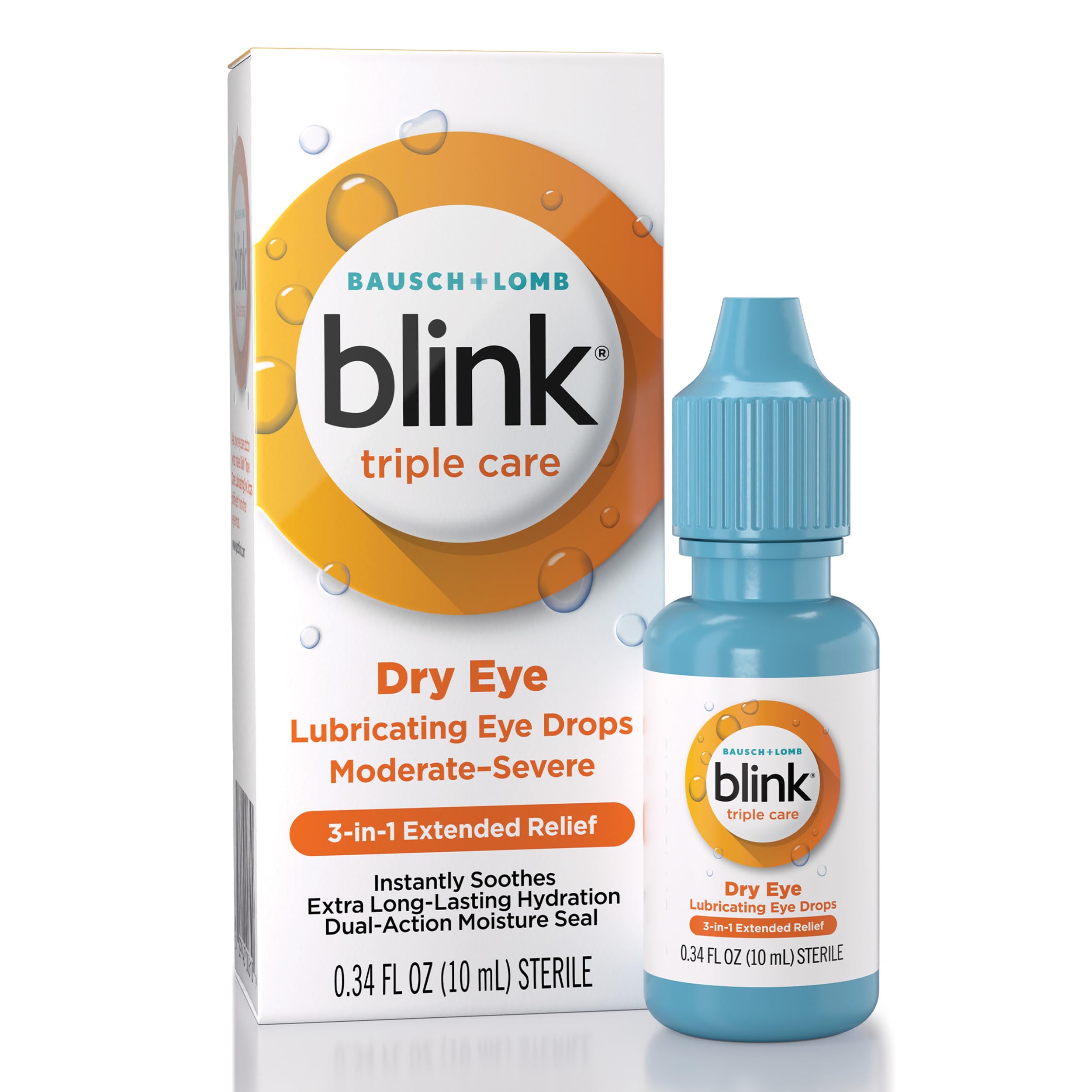 BLINK Triple Care Eye Drops for Dry Eyes, Lubricant Eye Drops, Soothing for Moderate to Severe Dry Eyes, with Hyaluronate, Reduces Discomfort, Long-Lasting Hydration, 0.34 Fl Oz