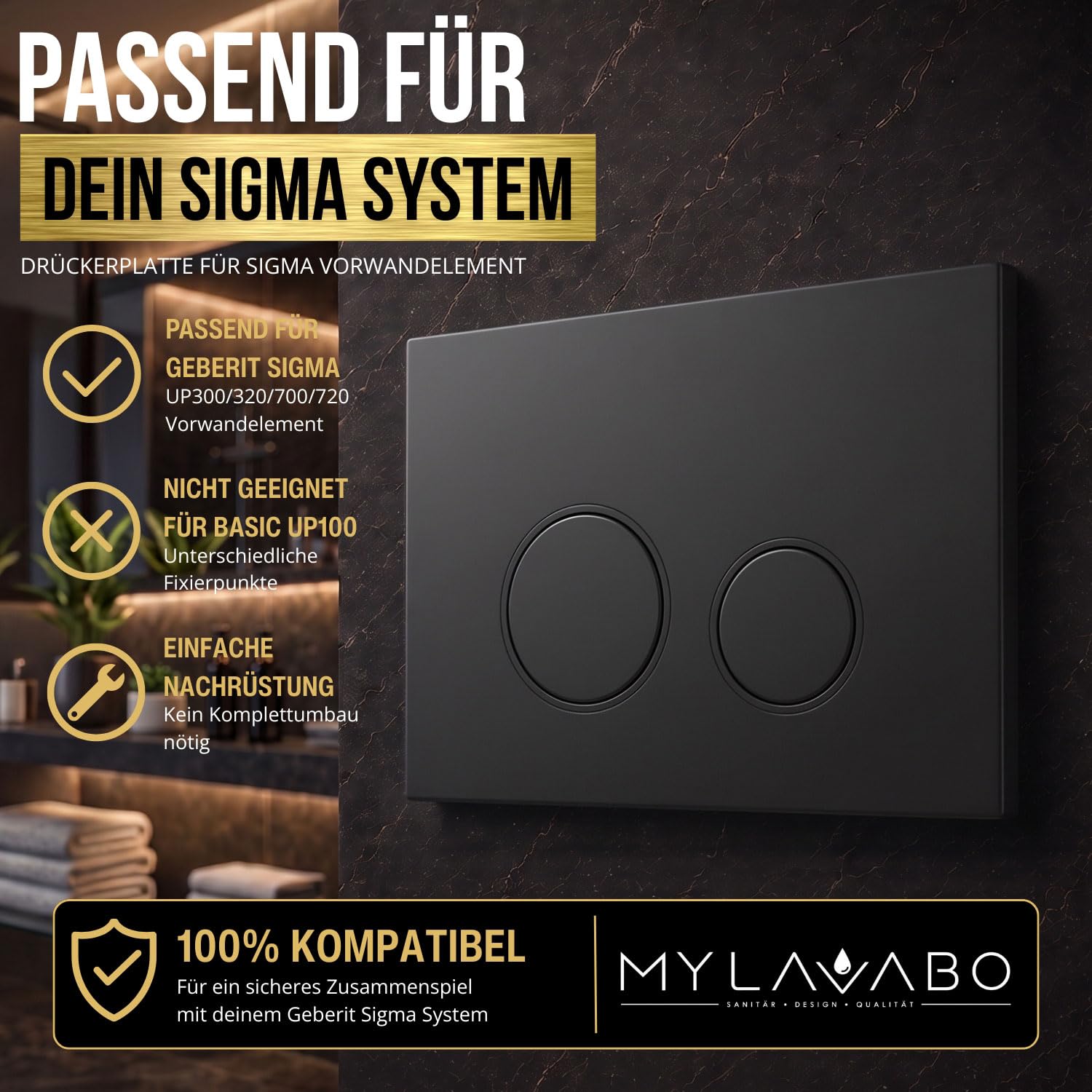 Drücker- & Betätigungsplatte passend für Geberit Sigma (Kunststoff, schwarz, schwarze Ringe) | sw-sw-sigma