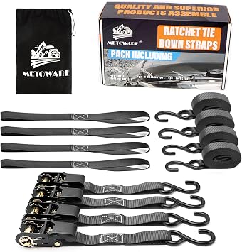 Heavy Duty Ratchet Tie Down Straps 4-Pack - 1 in x 15 Ft, Black | 1764 LB Break Strength with Safety Lock S Hooks - Cargo Straps for Moving Appliances, Motorcycle