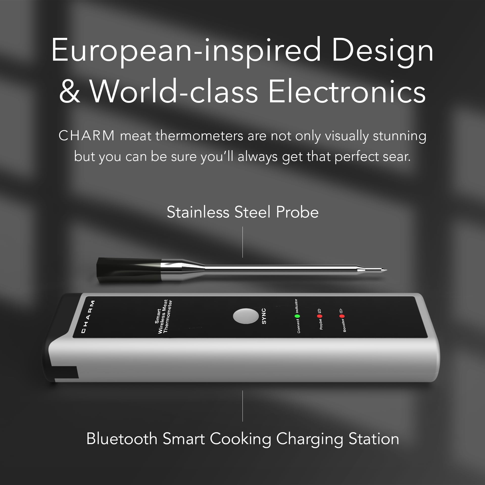 Charm Wireless Smart Meat Thermometer 1000°F Open Flame Grilling - 500 ft Bluetooth Long Range BBQ Thermometer for BBQ, Grill, and Smoker - Dual Temperature Sensors App-Controlled Food Thermometer