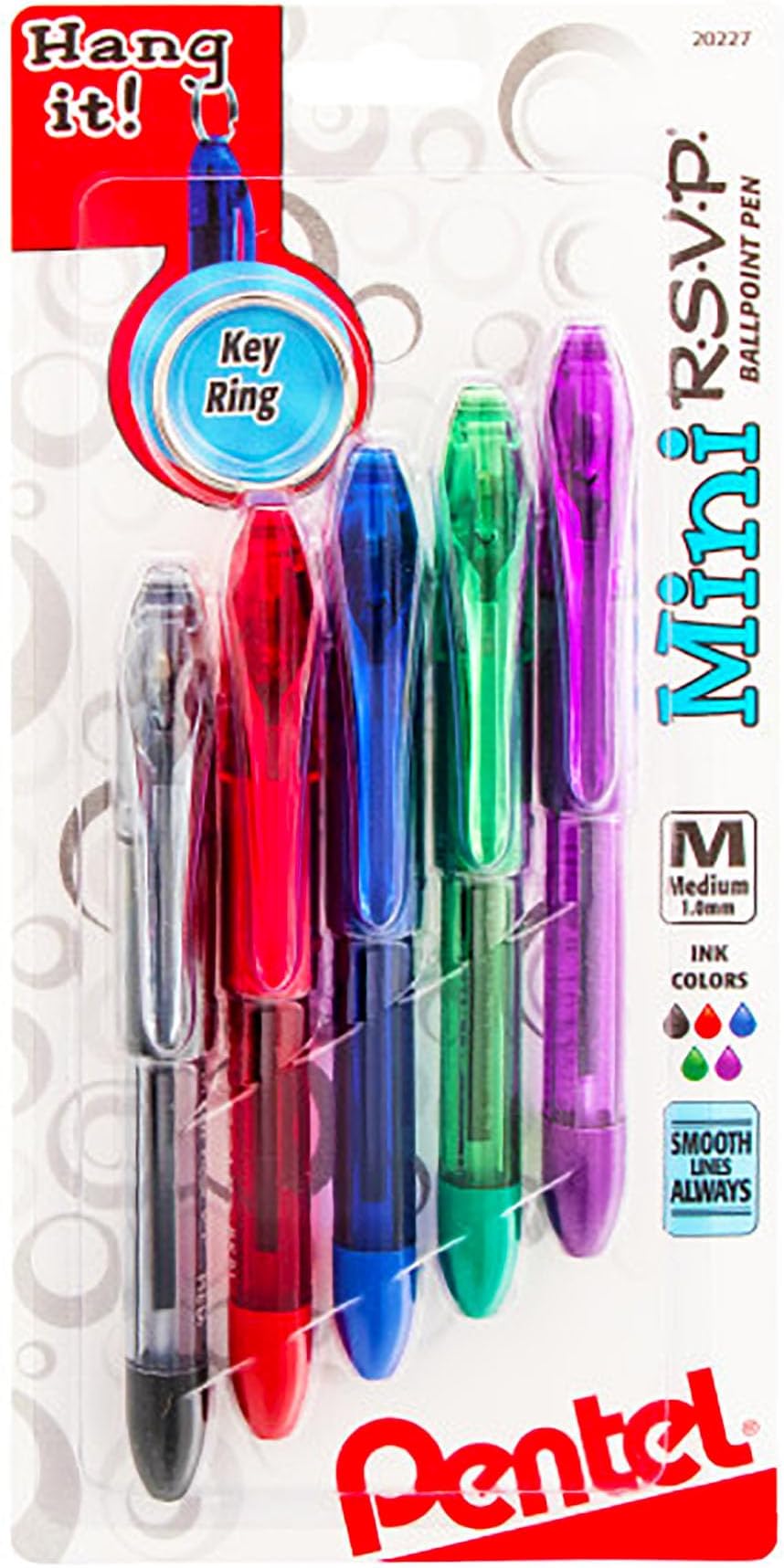 Pentel Mini R.S.V.P. Ballpoint Pen, Medium line, Assorted Ink Colors, 5 Pack (BK91MNBP5M)