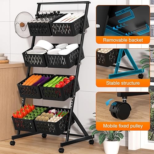 Miniatura 3 de Cesta de almacenamiento de frutas y verduras, cesta de almacenamiento de malla apilable de 4 niveles con ruedas de 360 grados, estante organizador