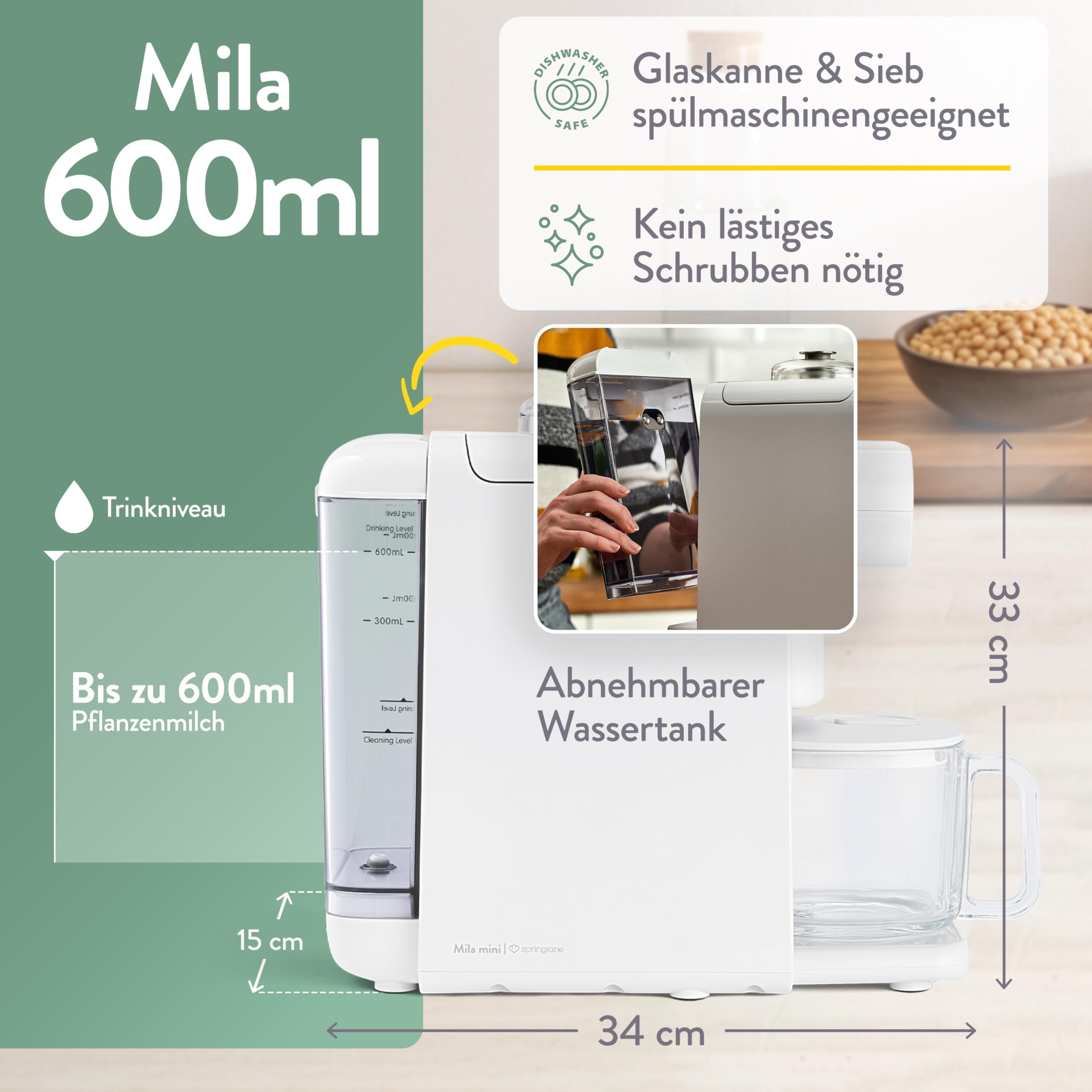 Springlane Pflanzenmilchbereiter Mila 600ml – 6 Programme + automatischer Reinigungsfunktion – LED-Touch-Display inkl. Timer, Kochmixer für Nussmilch, Sojamilch & Haferdrinks inkl. Sieb & Rezeptbuch