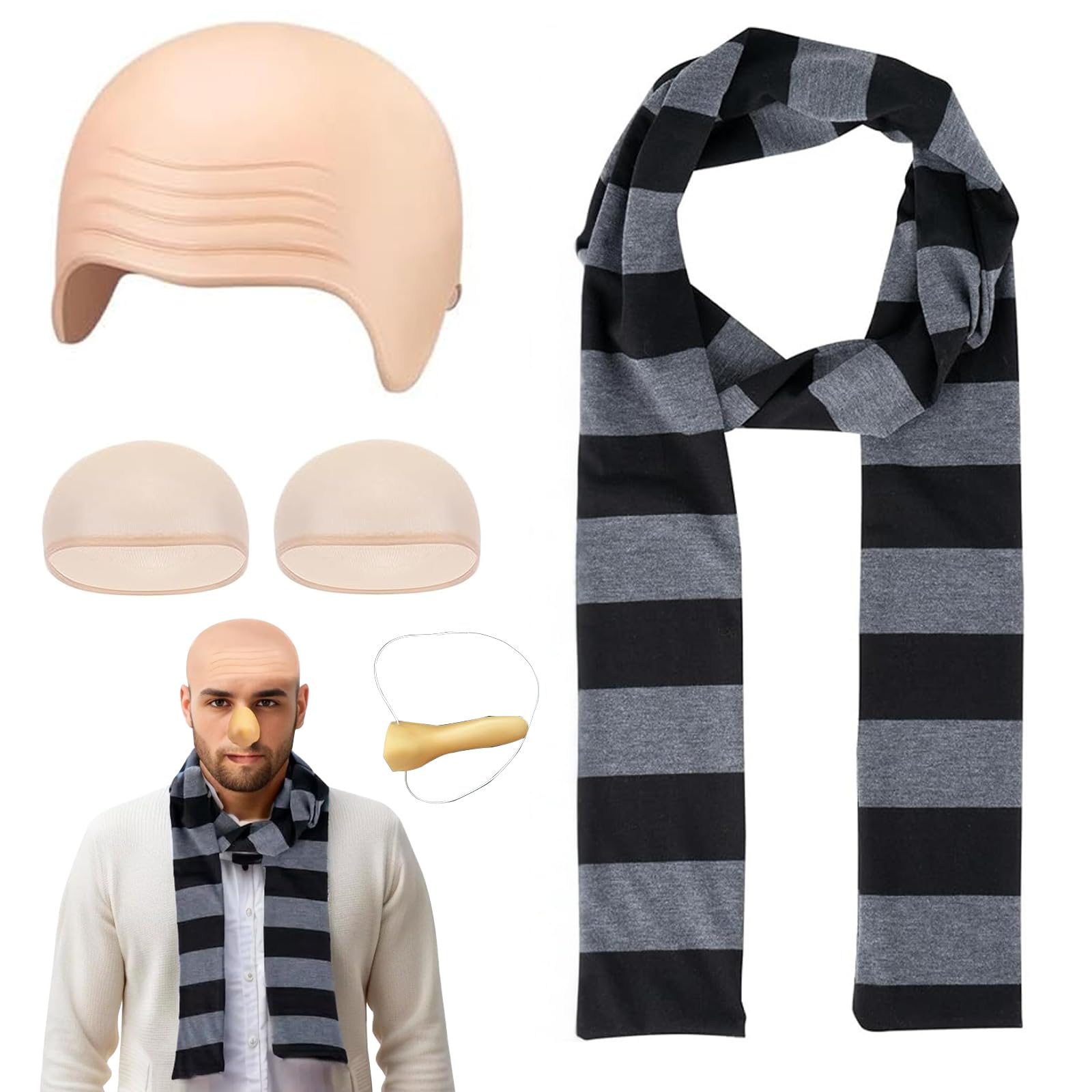 YushengTai Pack of 5 Bald Men's Carnival Costume Accessories, Black and Grey Scarf with Bald Wig Cap and False Nose for Men and Women Halloween Carnival Costume Cosplay