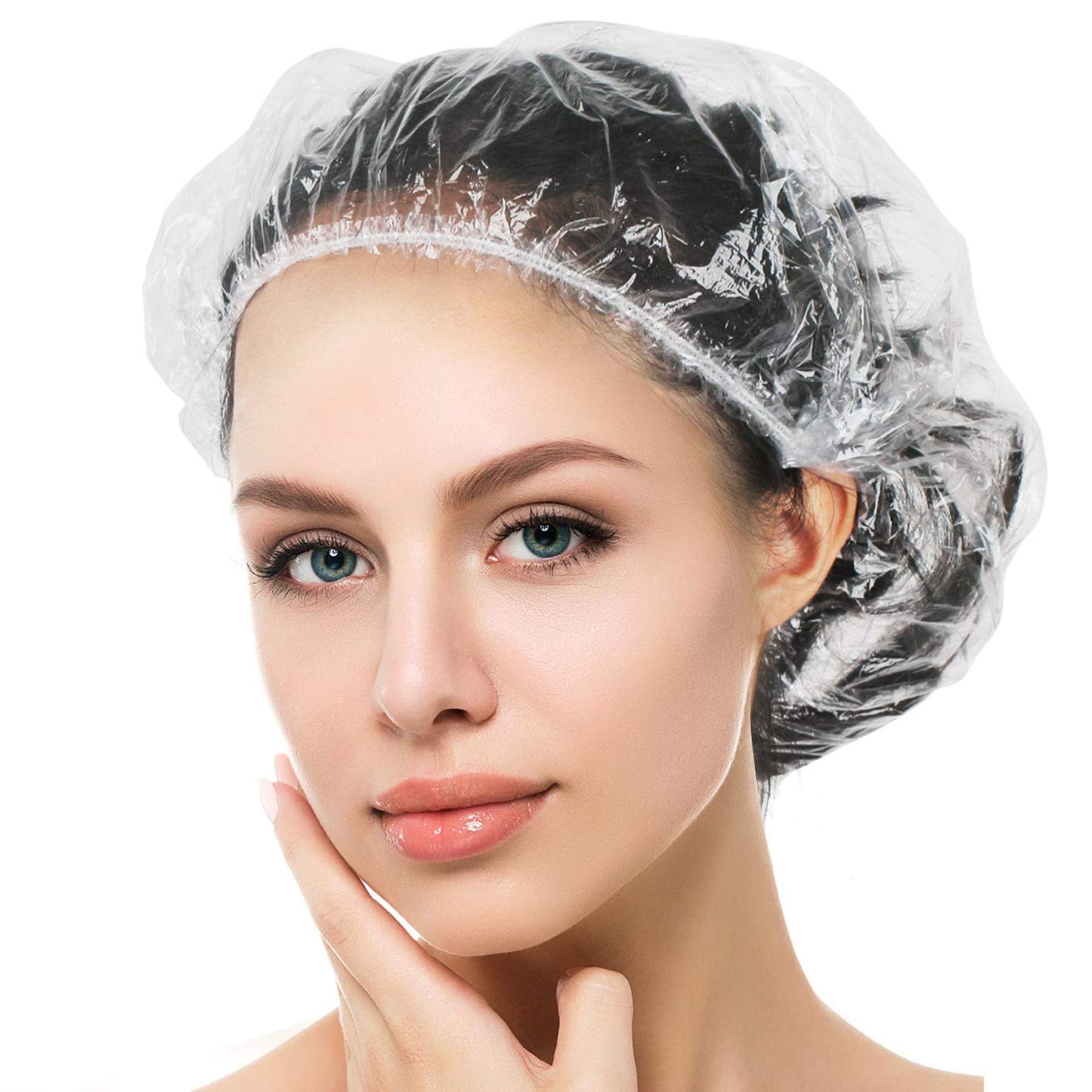 100Pcs Disposable Shower Caps, Waterproof Clear Hair Caps, Plastic Hair Cap for Women Kids Girls, Spa, Hair Salon, Travel, Hotel and Home Use