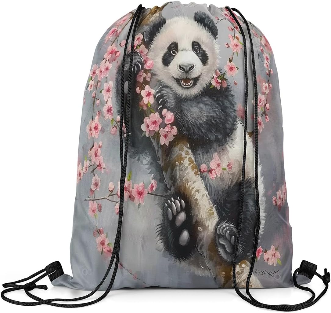 Panda Drawstring Backpack 13x15.7inch Cherry Flower Waterproof Gym Drawstring Bags Cute Bear Sports String Backpack Beach Swim Travel Bag Sackpack