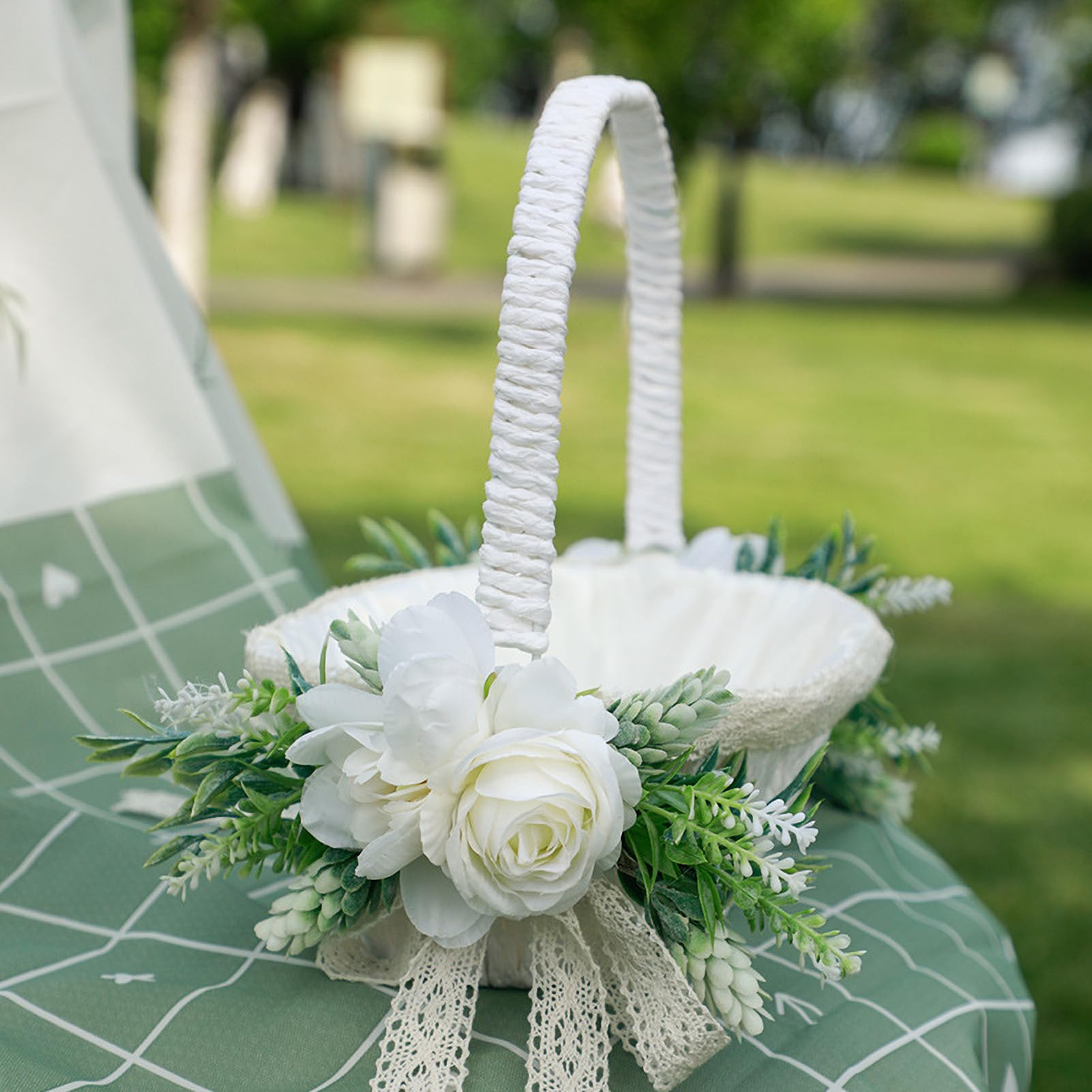 Cesto per Damigella di Fiori, Cestini Bianchi con Fiocco e Manico Pieghevole per Matrimoni e Pasqua