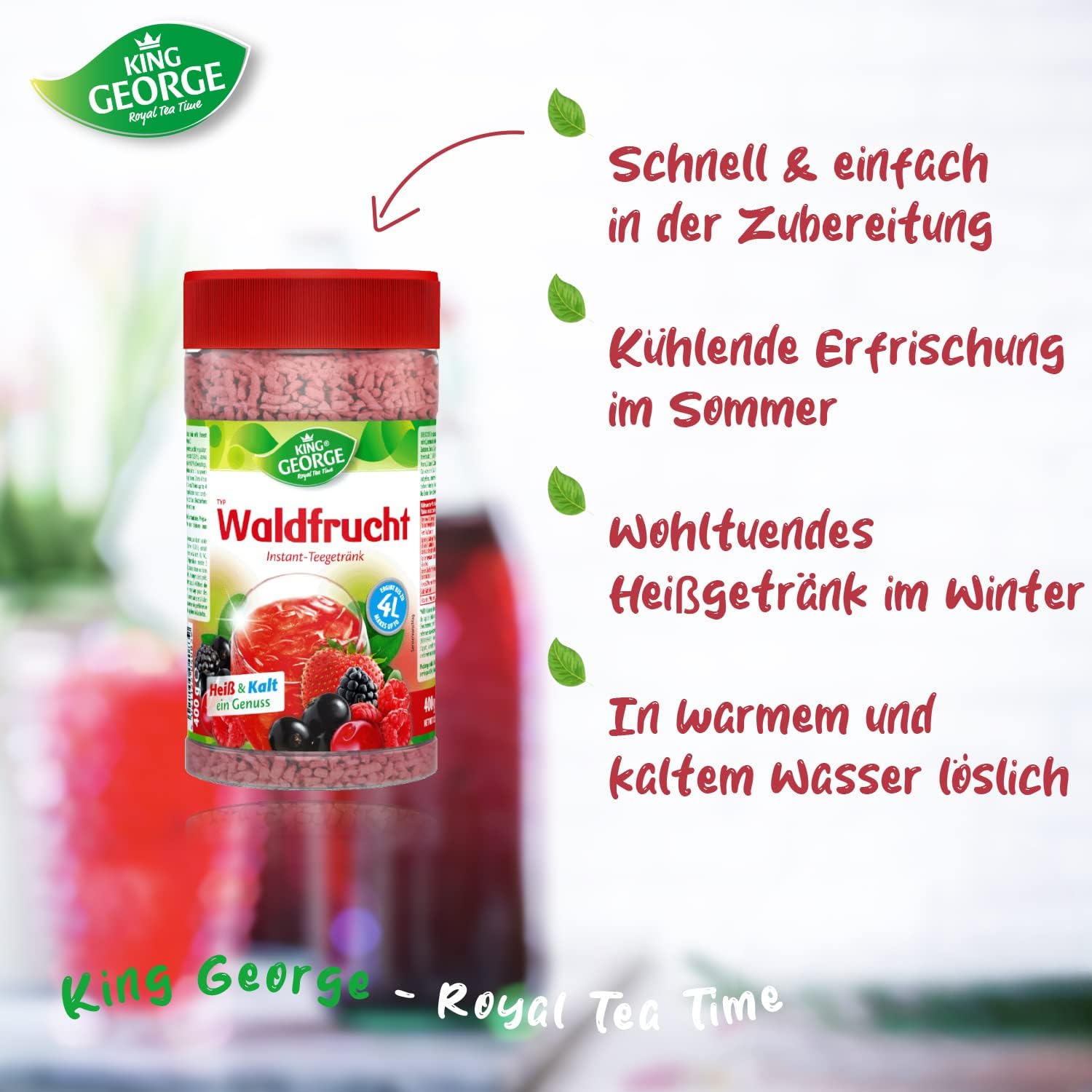 KING GEORGE - Waldfrucht napój herbaciany Instant 12 x 400 g, napój herbaciany z witaminą C – herbata na okruchy – napój w proszku, napój orzeźwiający i gasi pragnienie na lato