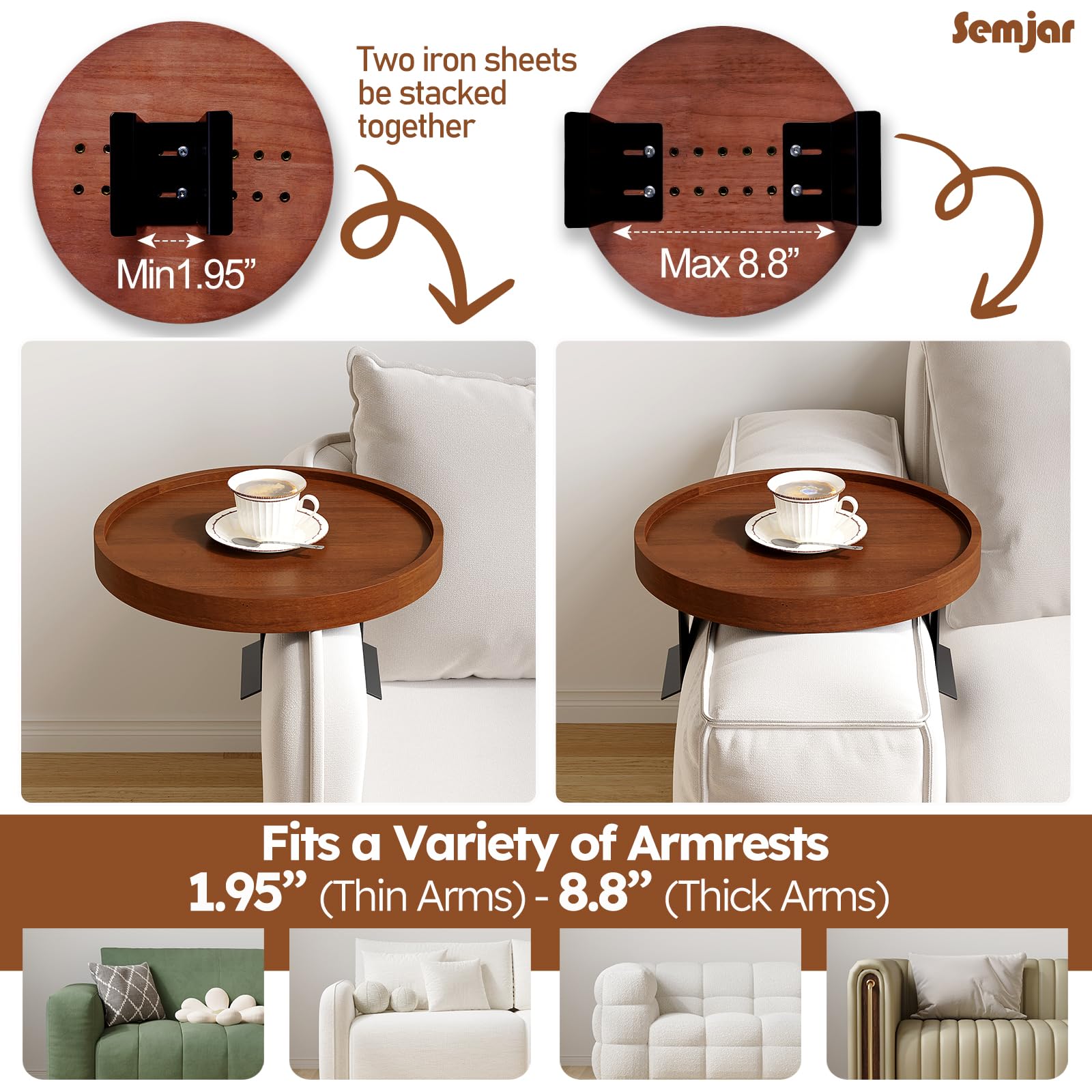 Juego de 2 mesas de madera natural para sofá, bandeja ajustable con clip para el brazo con soporte para teléfono, bandeja para brazo de sofá, mesa de brazo para sofás, bandeja redonda para