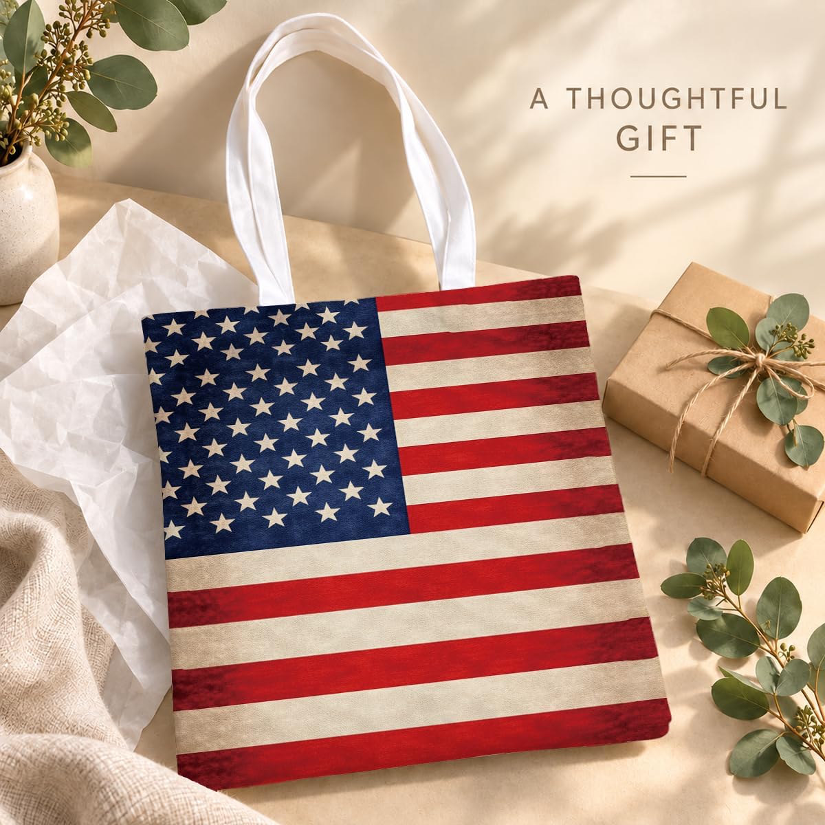 Patriotic Tote Bag, Vintage American Flag Canvas Carryall, Independence Day Shoulder Bag for Shopping Travel Beach