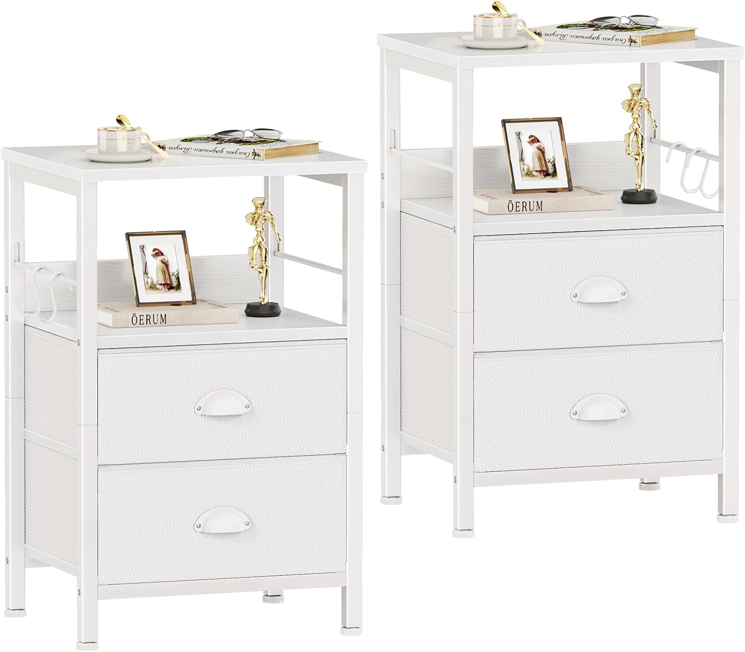 Furologee Nightstands Set of 2, End Table with 2 Fabric Drawers, Night Stand with 2 Hooks, Open Wood Shelf Bedside Table for Bedroom/Living Room/White White 2 pc