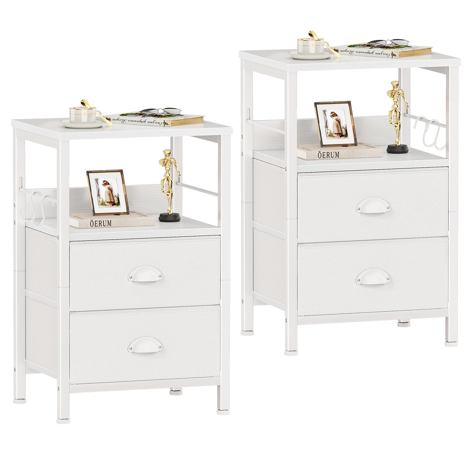 Furologee Nightstands Set of 2, End Table with 2 Fabric Drawers, Night Stand with 2 Hooks, Open Wood Shelf Bedside Table for Bedroom/Living Room/White