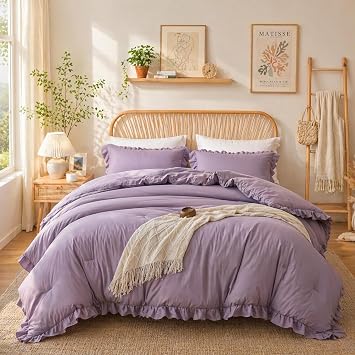 JANZAA Grayish Purple Comforter Set Twin, Ruffle Soft Bedding