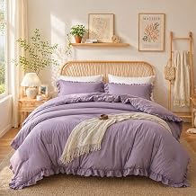 JANZAA Grayish Purple Comforter Set Full Soft Microfiber, Lightweight All Season Bedding, Ruffle Shabby Chic Aesthetic, Breathable Cozy Bed Set with 2 Pillow Shams, Machine Washable