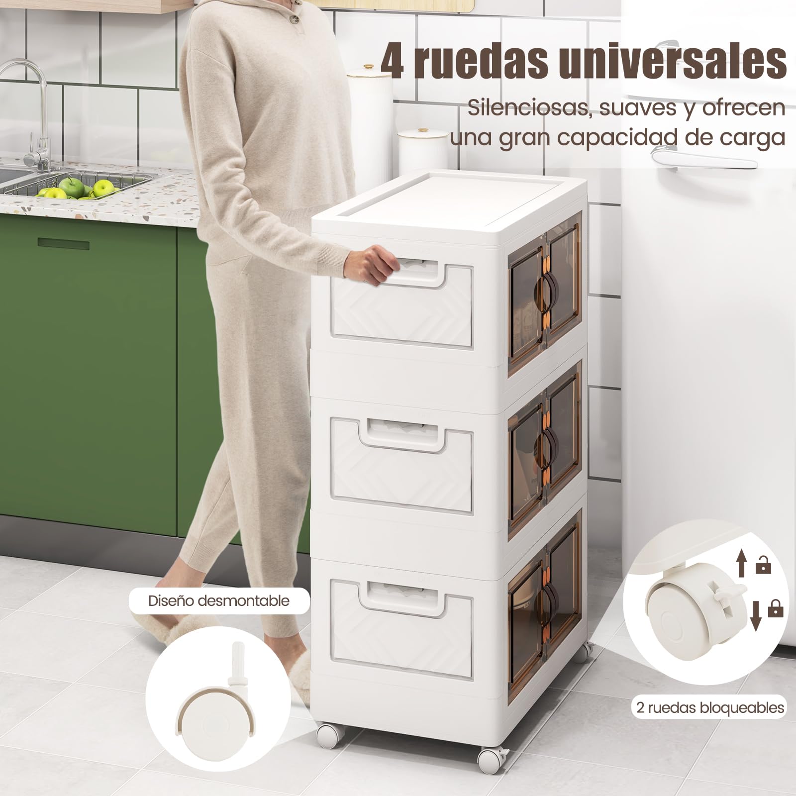 COSTWAY Cajas Almacenaje 105L, Juego de 3 Cajas Organizadoras Plastico con Ruedas Bloqueables, Baul Almacenaje Dormitorio con Tapas Plegables de PP, Cajas Plastico Transparente Apilable con Puertas