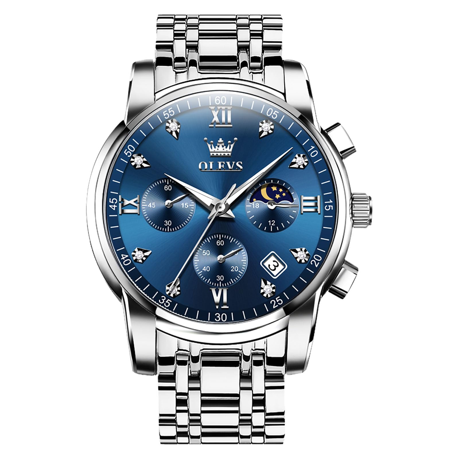OLEVS Edelstahl Herrenuhren Chronograph Modern Quarz Analog Armbanduhr Herren mit Datum Diamant Leuchtende Uhren Herren Metallarmband Geschenke für Männer
