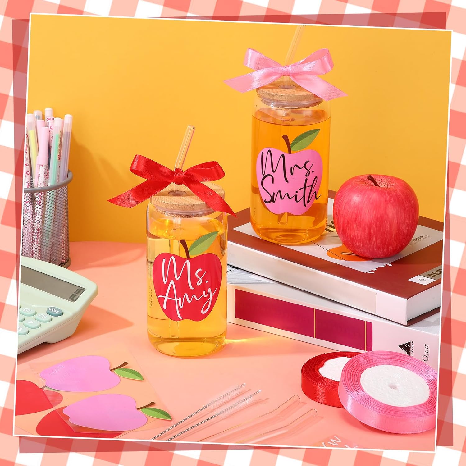Skylety 6 Pack Personalized Clear Glass Cups Gifts 16 oz DIY Appreciate Cup Teacher Gifts Red Pink Custom Name UV Apple Sticker with Lids Glass Straw Ribbon for Family Employee Coworker - Image 4