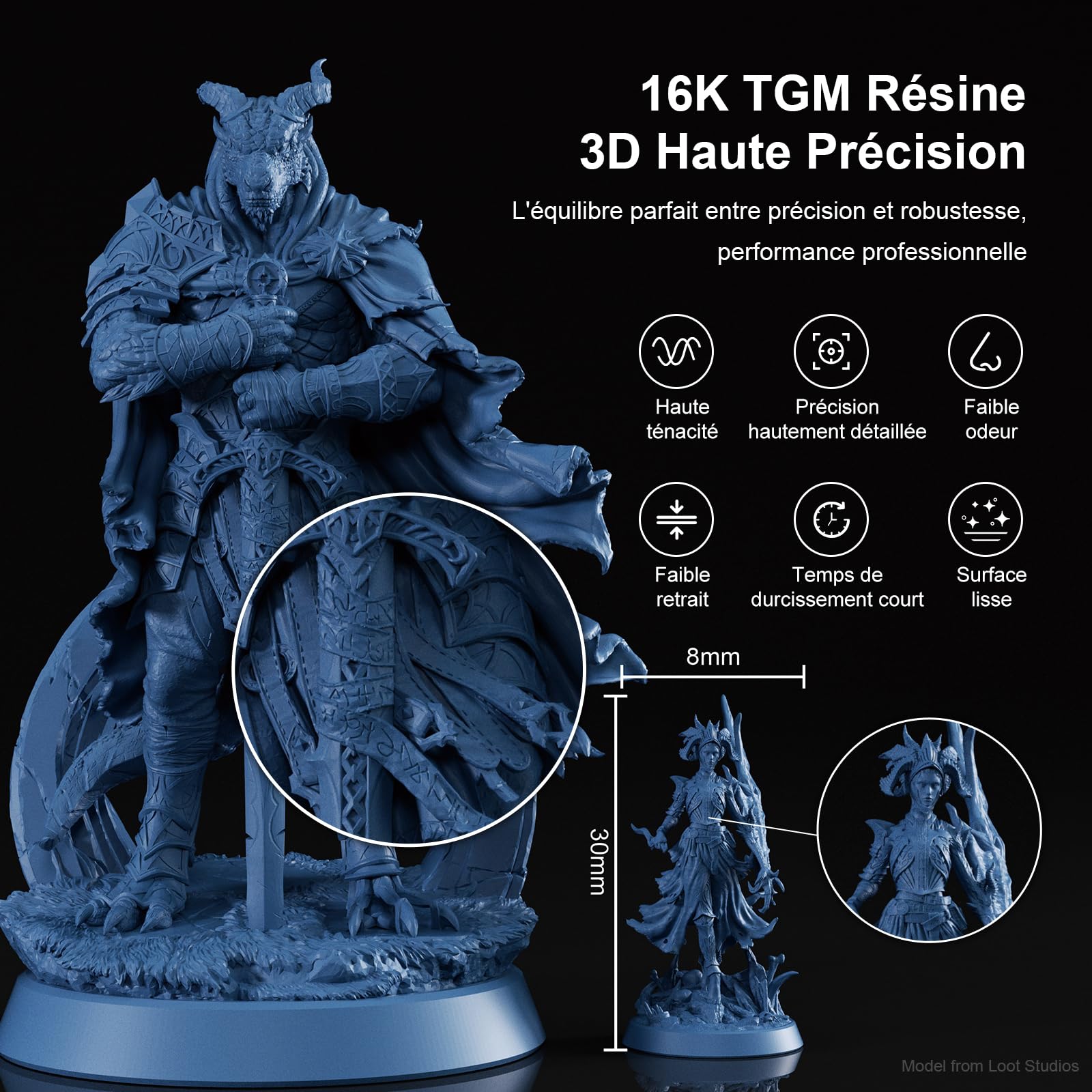 NOVA3D Résine photopolymère TGM 16K, résistance aux chocs et détails ultra-précis, idéal pour les modèles de jeu de société, durcissement rapide, avec une odeur minimale, 1 kg, gris marine