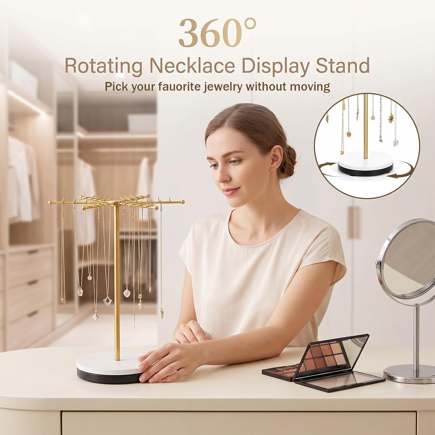 Gold Rotating Necklace Holder Organizer with 48 W-Shaped Hooks