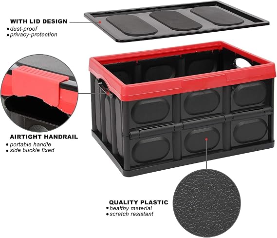 2 Pack Collapsible Storage Boxes Shelf Crates 30L Lidded Storage Bins Plastic Tote Storage Box Container Stackable Folding Utility Crate Clothes Book Snack Shoe Grocery Holder Organizer-Black