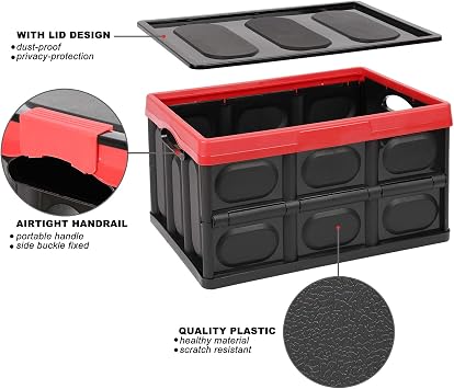 2 Pack Collapsible Storage Boxes Shelf Crates 30L Lidded Storage Bins Plastic Tote Storage Box Container Stackable Folding Utility Crate Clothes Book Snack Shoe Grocery Holder Organizer-Black