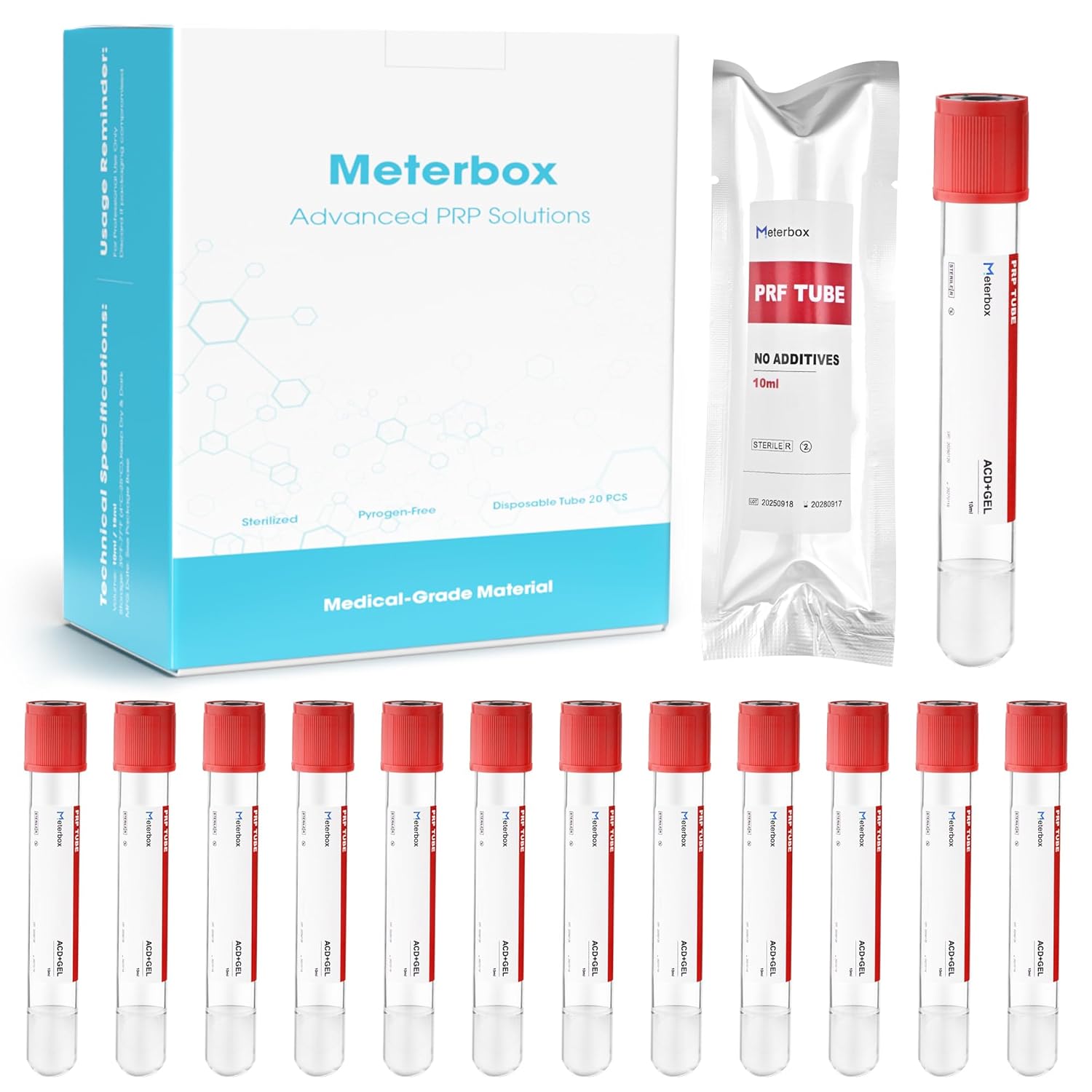 10mL PRP Tubes for PRP Systerm, ACD and Gel Glass Centrifuge Tubes with Red Cap, Individually Wrapped, 10 Pack