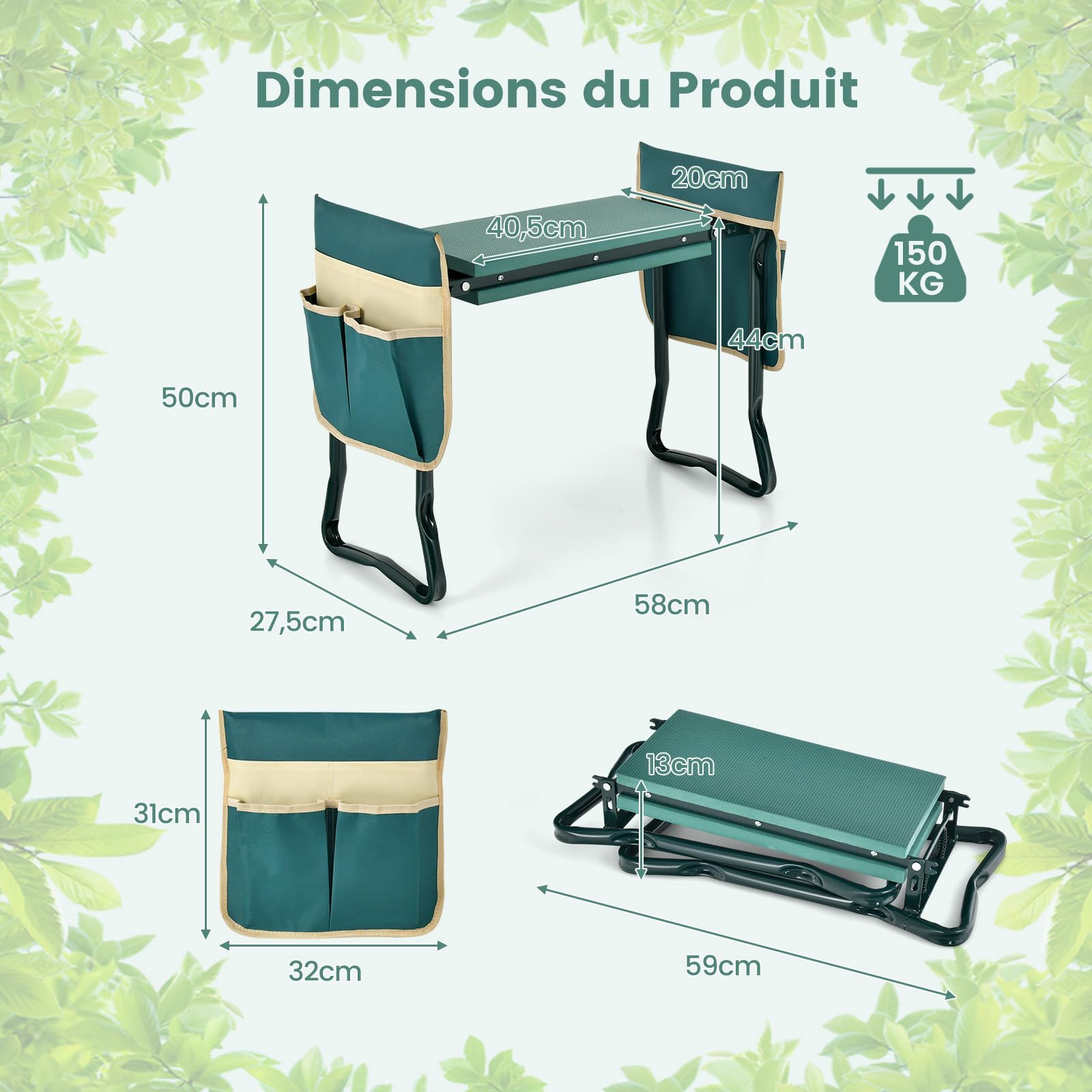 COSTWAY Tabourets de Jardinage Pliable avec Coussin EVA, Genouillère de Jardin 2 en 1 Cadre en Métal Siège de Jardinier avec 2 Grande Pochette à Outils Charge 150KG pour Jardinage, Vert