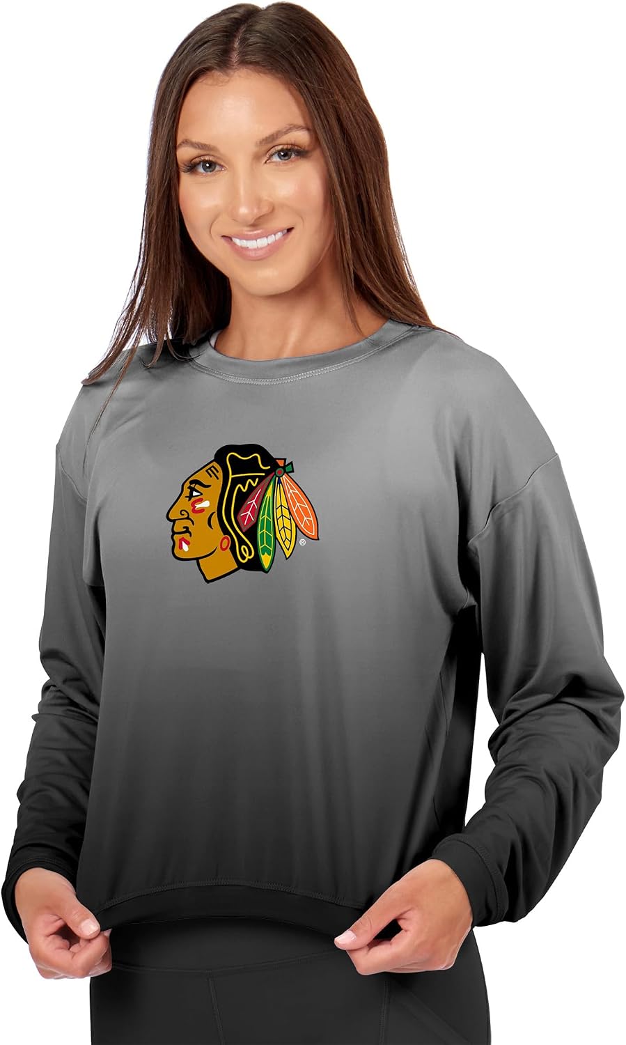 CERTO NHL Women's Long Sleeve High-Low Top, Ombre Wash Crewneck T-Shirt, Officially Licensed Fan Apparel