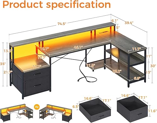 Miniatura 3 de ODK Escritorio en forma de L con cajón de archivos, escritorio reversible en forma de L de 75 pulgadas con toma de corriente y tira LED, escritorio