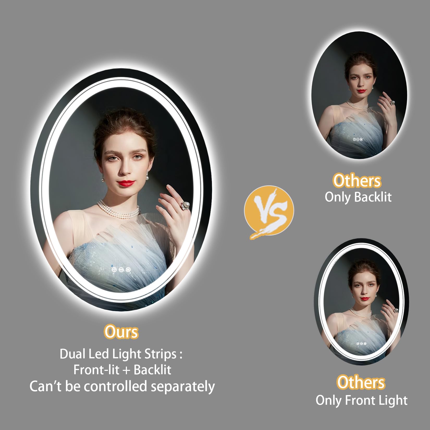 LUVODI Specchio LED da Bagno: Retroilluminato + Frontale Luce 60x80cm Specchio Ovale LED Luce per Bagno da Parete, 3 Pulsanti Touch, Dimmerabile, Antiappanamento, IP56, Orizzontale Verticale