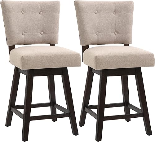 HOMCOM Juego de 2 taburetes de bar con altura de mostrador, taburetes de bar giratorios de tela de 26.5 pulgadas de altura de asiento con patas de