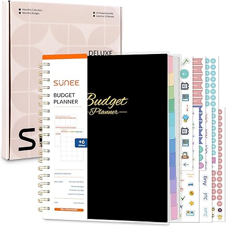 SUNEE Undated Budget Planner with 12-Pockets for Bill Organizer, Expense Tracker, Account Book B5 Size (8" x 10")