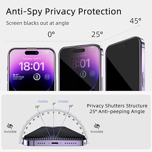 Miniatura 5 de Ruwa Protector de pantalla de privacidad para iPhone 14 Pro Max 3 unidades 6.7 pulgadas Película de vidrio templado con marco de alineación de fácil